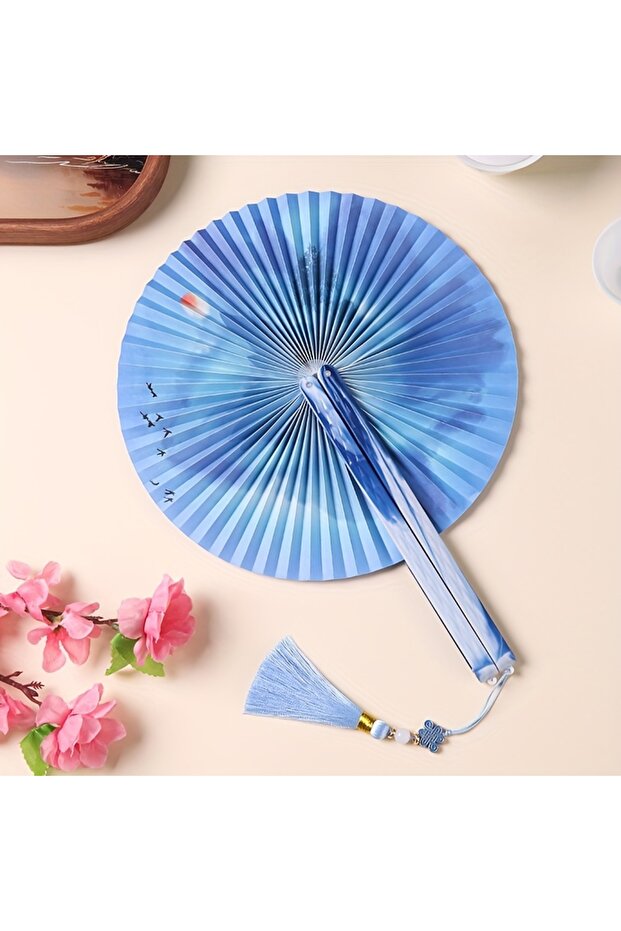 SKY BLUE Chinese Folding Tassel Paper Fan - Traditional Floral Design, Lightweight Plastic Portable