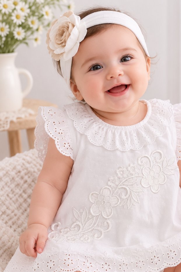 Baby Girl White Scallop Detailed Dress, Panties, Bandana 3-Piece Set Summer Mevlüt Outfit Baby Gift