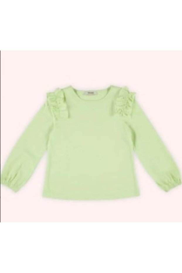 Girl's Long Sleeve T-Shirt with Elastic Sleeves and Ruffle Detail, Ages 3-13, Green