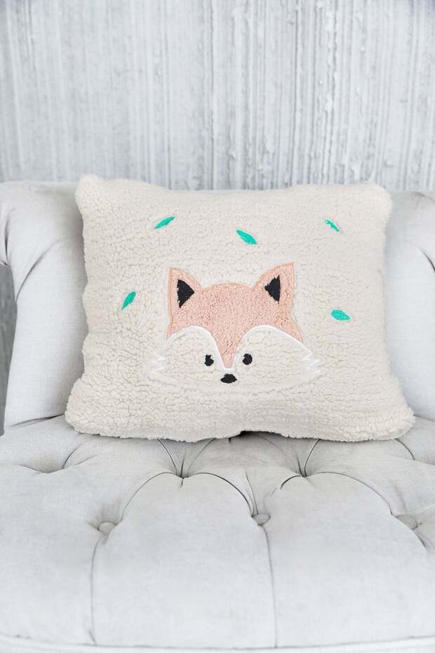 Fox Embroidered Teddy Throw Pillow
