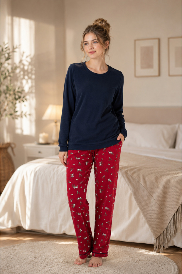 100% Cotton Long Sleeve Cuffed Women's Pajama Set with Pockets 98515-516