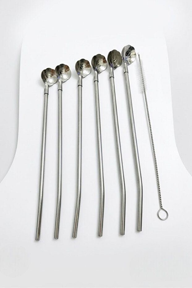 6-Piece Stainless Chrome Latte Spoon with Straw, Cocktail Spoon and Cleaning Brush, 22 cm Rose
