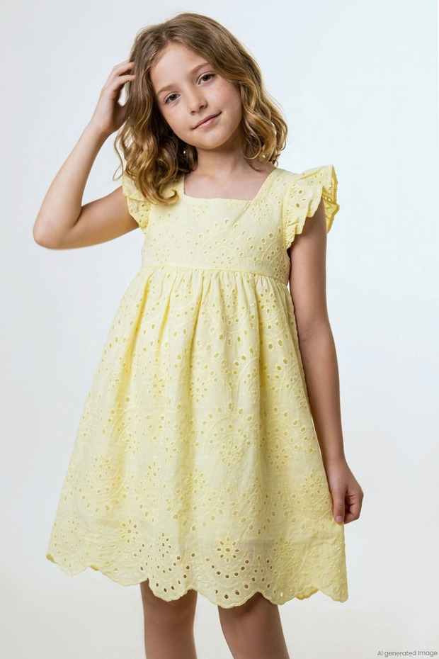 Girl's Dress with Lace Detail and Floral Embroidery, Ages 8-14, Yellow
