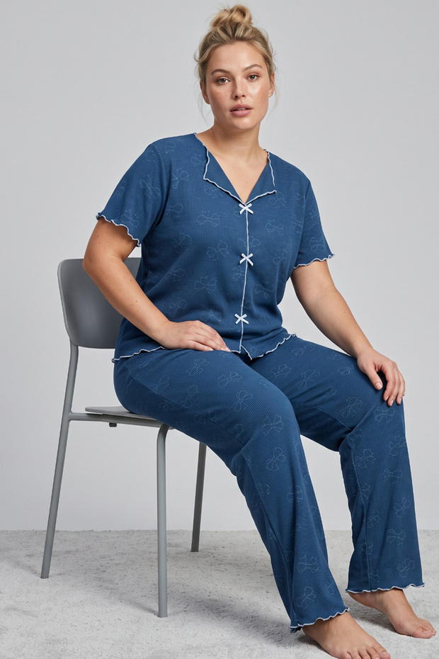 Petrol Bowknot Plus Size Ribbed Camisole Knitted Pajama Set26120851
