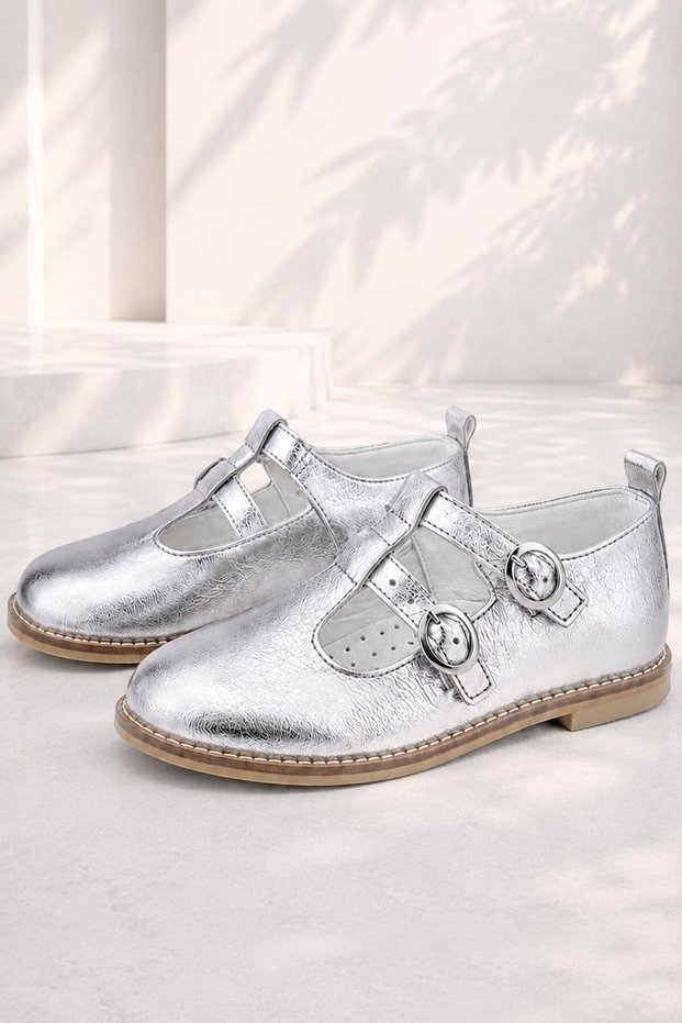 Genuine Leather Shiny Silver Buckle Girls' T-Bar Ballerina Shoes