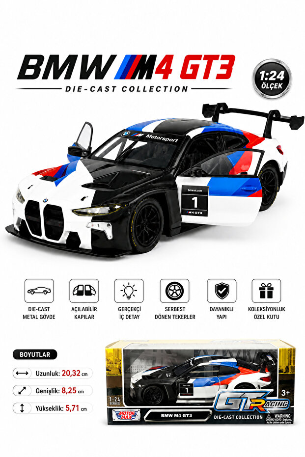 Bmw M4 Gt3 1:24 Scale Collectible Metal Toy Car with Openable Doors