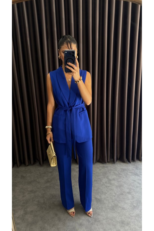 Women's Waist-Tied Dabil Fabric Suit Sax Midi Length