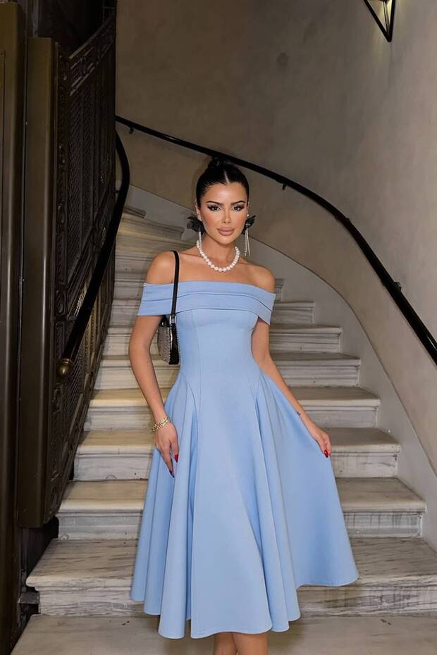 Baby Blue Galadriel Madonna Collar Double Fabric Flared Midi Dress Tns-9003