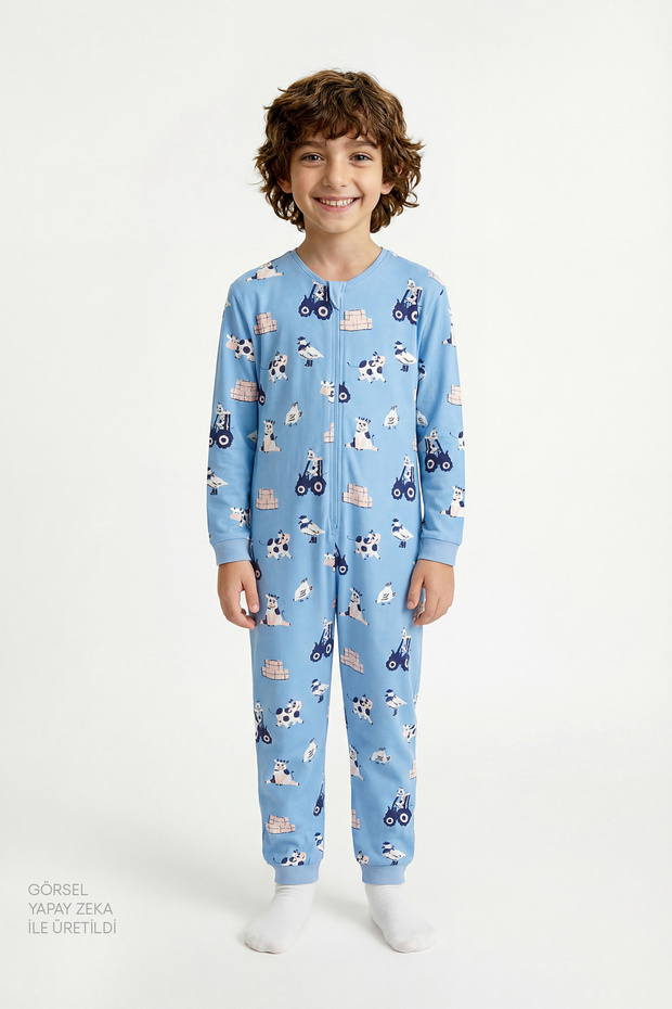 Blue Boy's Farm Cow Patterned Zippered Pajama Jumpsuit
