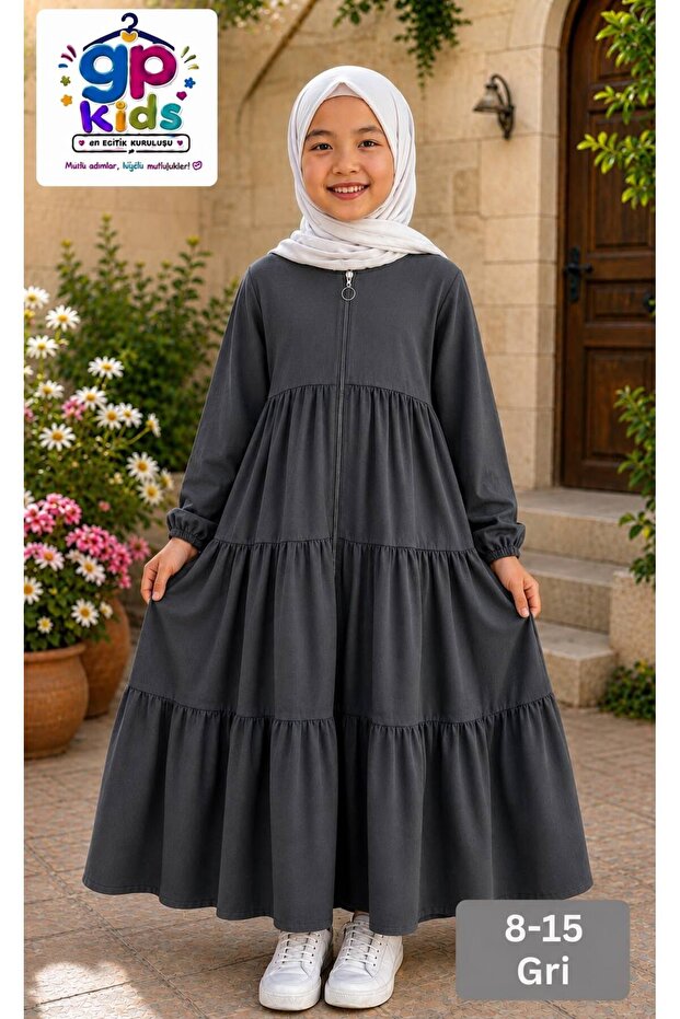 Ki̇ds 3-Layer Gathered Children's Robe – Comfortable Cut Hijab Children's Dress Dark Gray