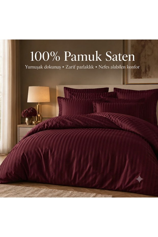 100% Cotton Satin Striped Double Duvet Cover Set - Claret Red