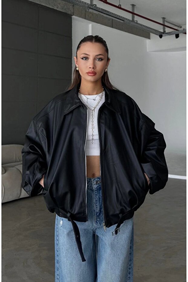 Faux Leather Balloon Jacket with Belt Detail