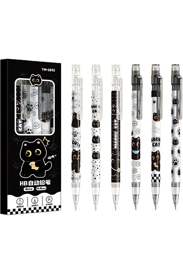 1 box of 6 pieces 6pc Cute automatic pencil with eraser, 0.5mm lead, featuring a cartoon black cat d