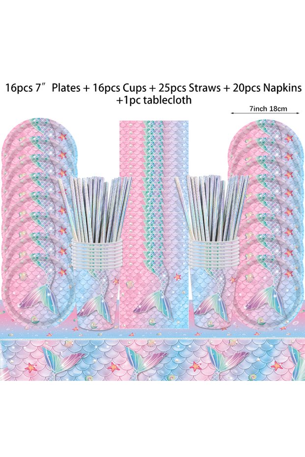 as picture show 78pcs for 16people Mermaid Party Disposable Tableware Gradient Fish Tail Paper Plate