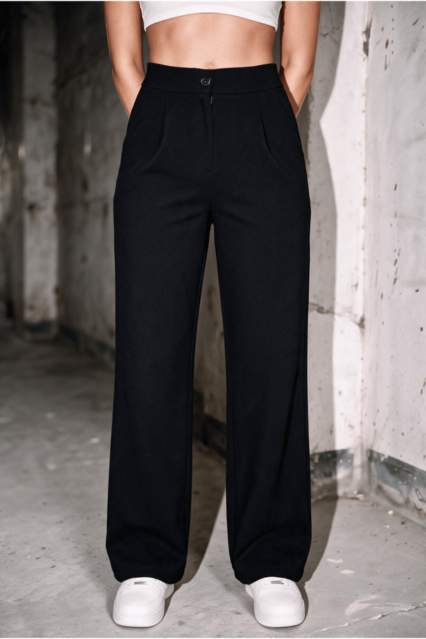 Women's High Waist Pleated Buttoned Stretch Fabric Flexible Comfortable Fit Palazzo Pants