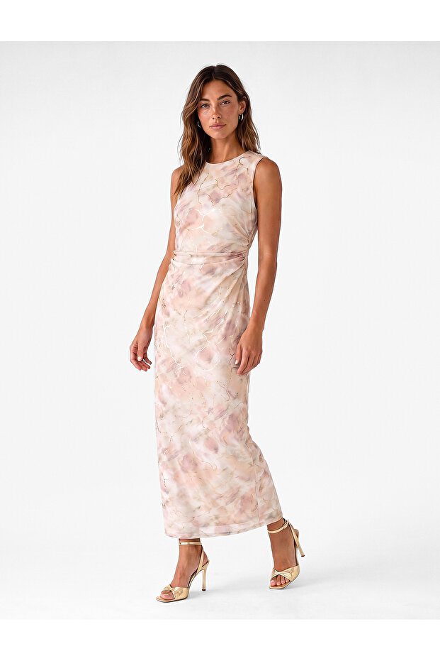Drapeli Crew Neck Sleeveless Shiny Foil Print Detailed Patterned Midi Tulle Dress
