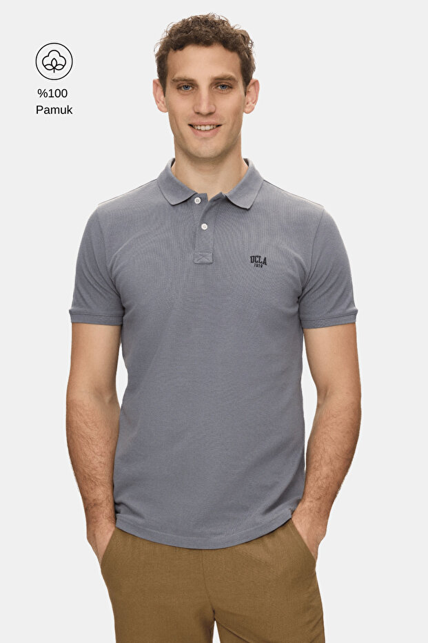 Lakes Dark Gray Polo Collar Embroidered 100% Cotton Standard Fit Men's Tshirt