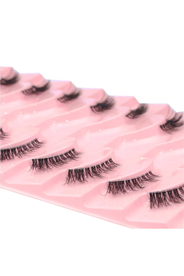 Pink Half Lashes, Natural Look – 10 Pairs Thick Cat Eye Lashes, 10mm Wispy Lashes with Clear Band, S
