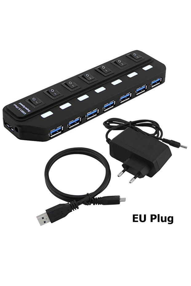 موزع USB بـ 7 منافذ 3.0 مع قابس أوروبي، محول طاقة عالي السرعة 5 جيجابت في الثانية مع مفتاح تشغيل/إيقاف