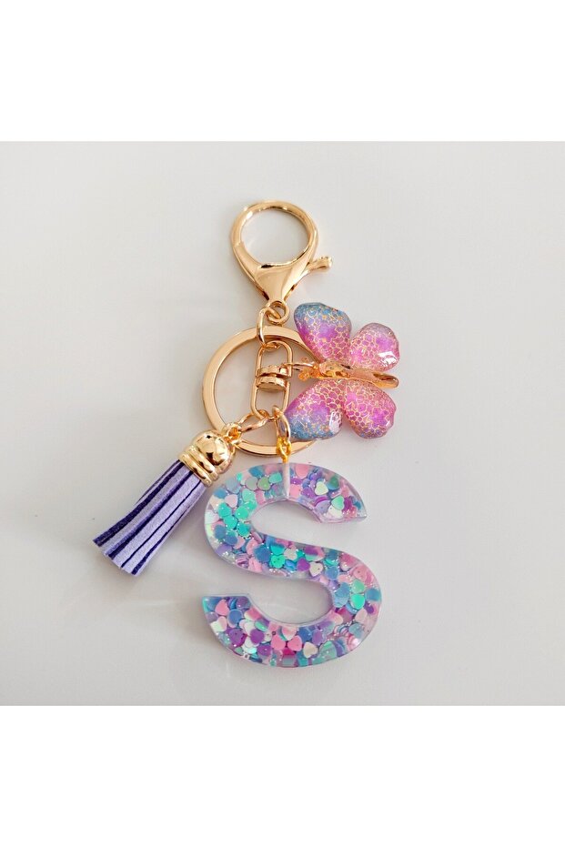 S Fashion butterfly Fringe Initial Keychain Drop Glue Blend Sequin A-Z26 Letter Keychain Cute Ladies