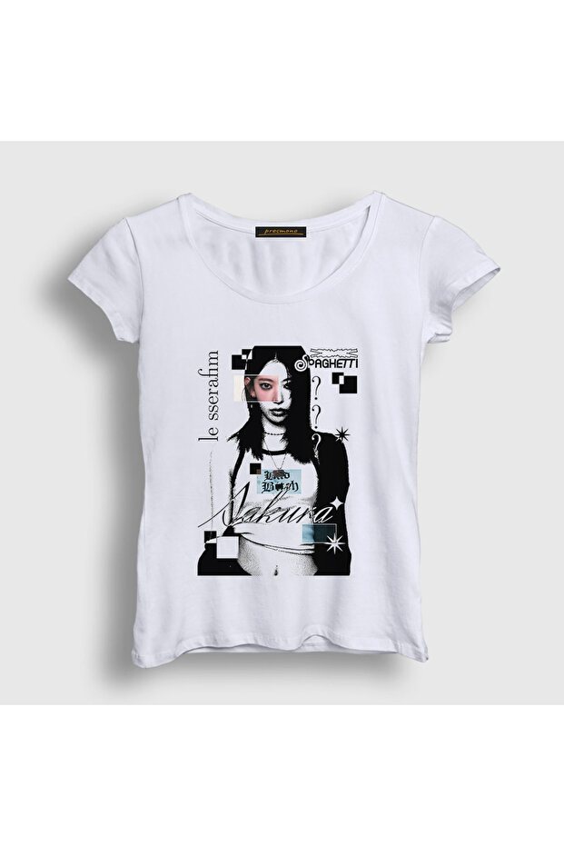 Women's White Sakura Spaghetti Le Sserafim T-Shirt 599023Tt