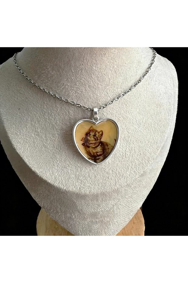2 Cute Brown Bow Tie Cat Glass Cabochon Heart Pendant Necklace For Women Girls Vintage Animal Pet J.