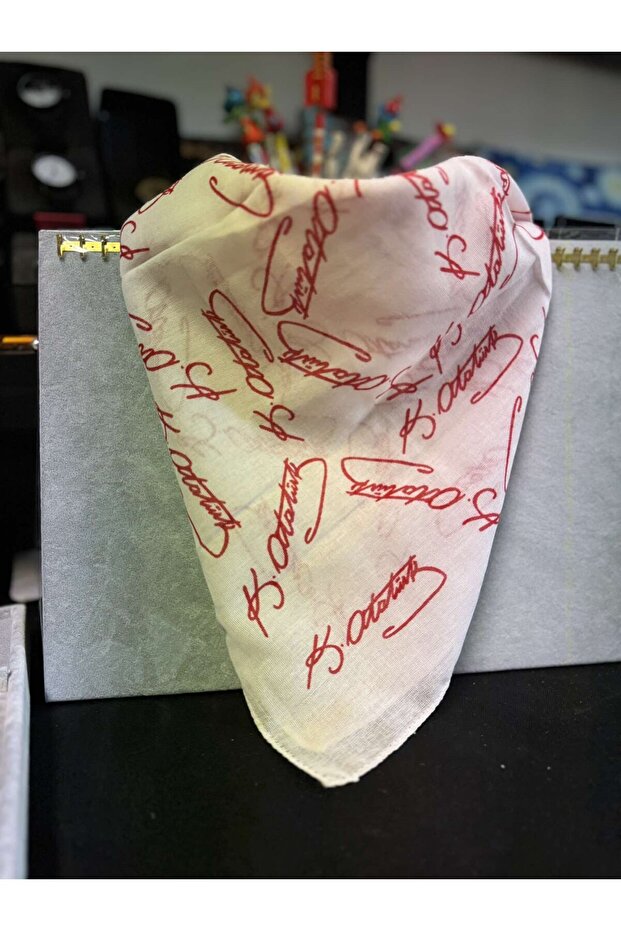 White Red Atatürk Signature Scarf - Bandana - 23 April, 29 October, 30 August, 9 May Ceremony 100% Cotton