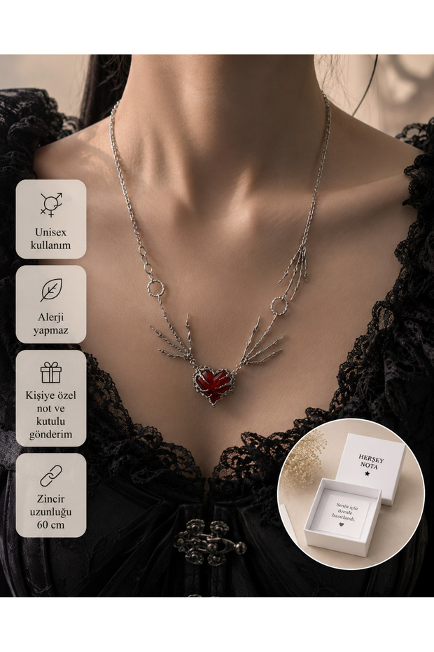 Heart Guardian Gothic Choker Necklace – Unisex Design with Red Stone Detail