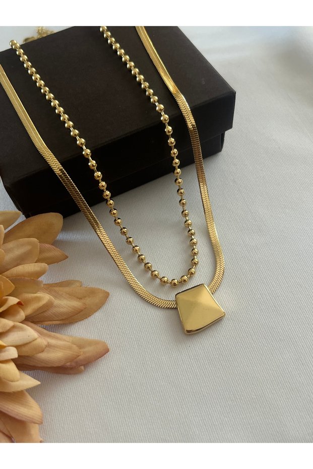 Tarnish Stainless Steel Ball and Italian Chain 2 Li Gold Necklace