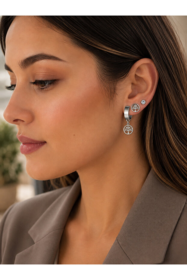 Stainless Steel 6-Piece Combination Earring Set Silver Women's Earrings