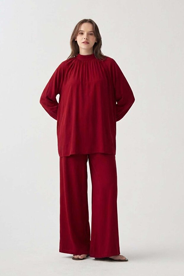 Burgundy-Collar Tie Detail Tunic
