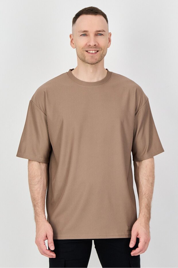 Men Crew Neck Short Sleeve Brand Logo T Shirt, Taupe