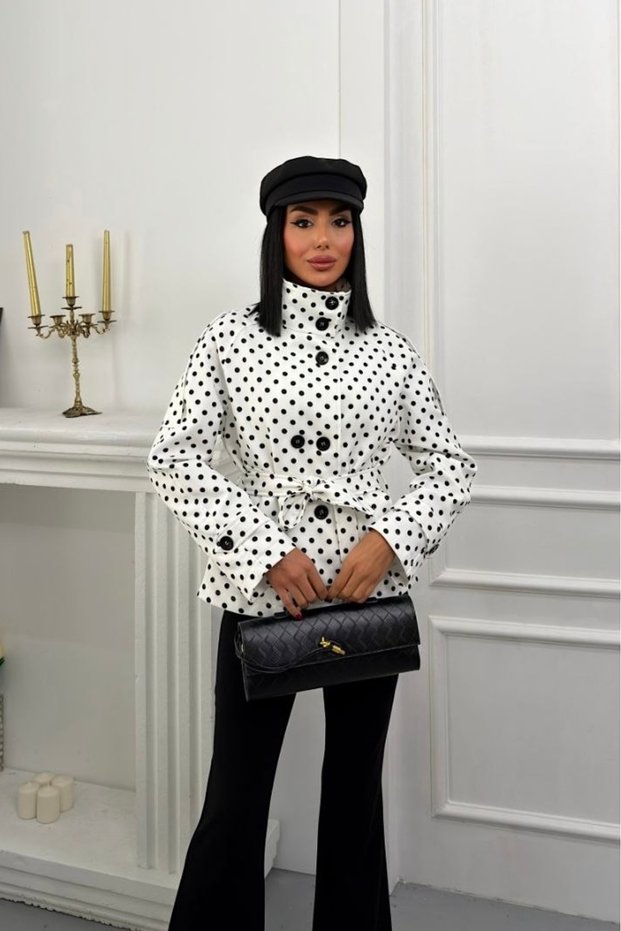 New Season Women's Polka Dot Stand Collar Short Belted Trench Coat