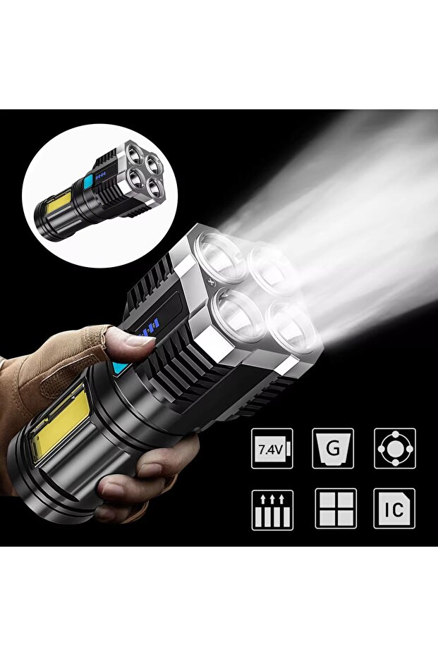 Super Bright LED Flashlight with COB Side Light Rechargeable Waterproof Outdoor Torch