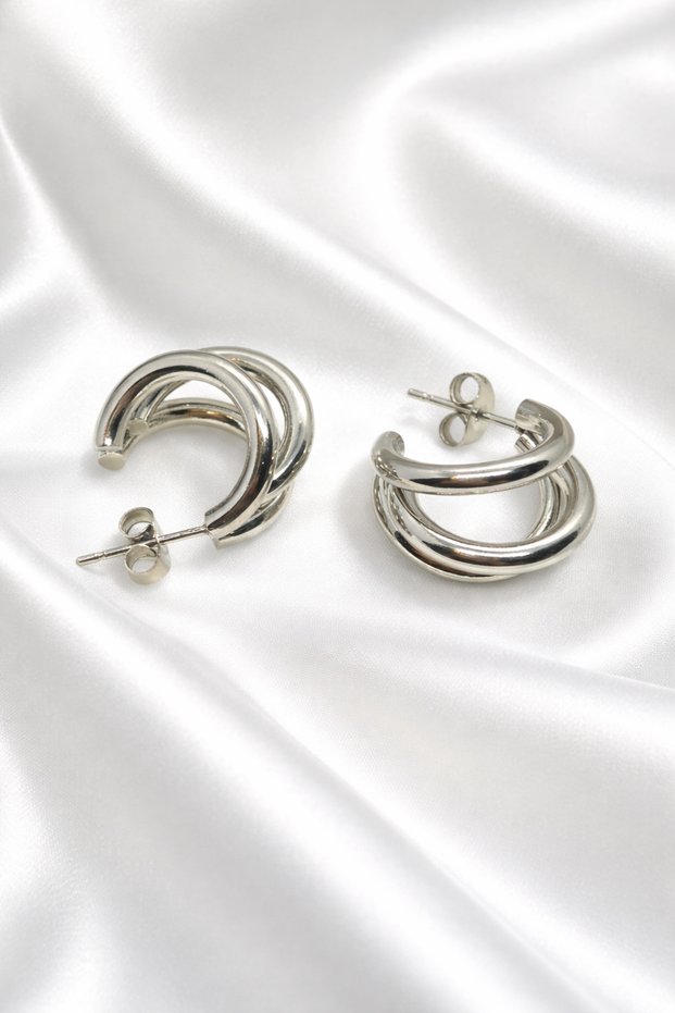 Women's 3-Piece Hoop Earrings Silver Color Steel Multiple Hoop Design Stylish Minimal Earrings