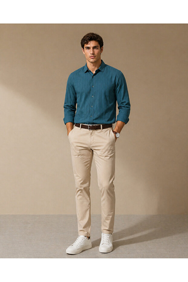 Men's Petrol Textured Striped Regular Fit Shirt