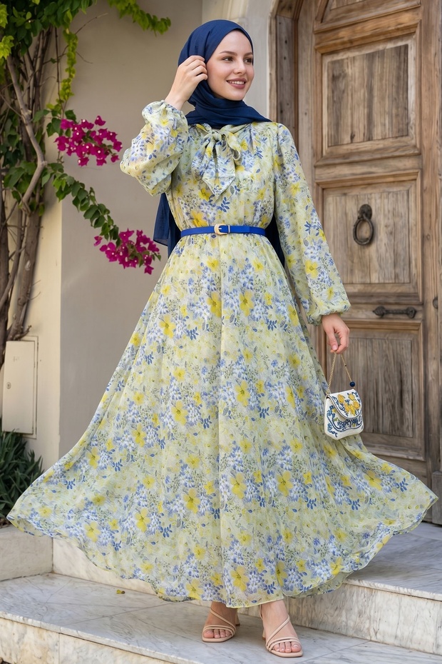 Soft Patterned Green Chiffon Dress with Belted Collar