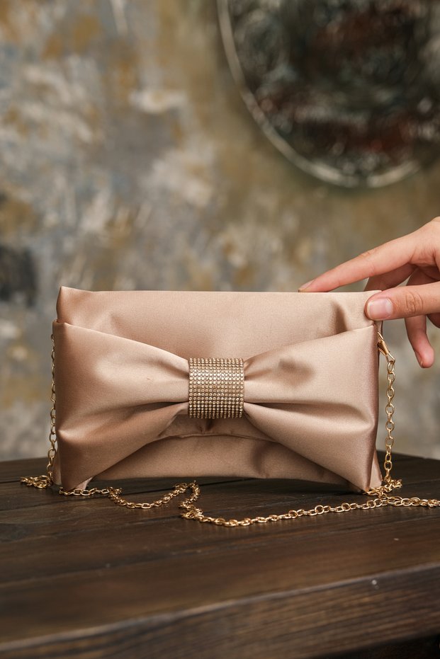 Nude Satin Women's Bow Detailed Stone Buckle Wedding Invitation Evening Dress Evening Bag
