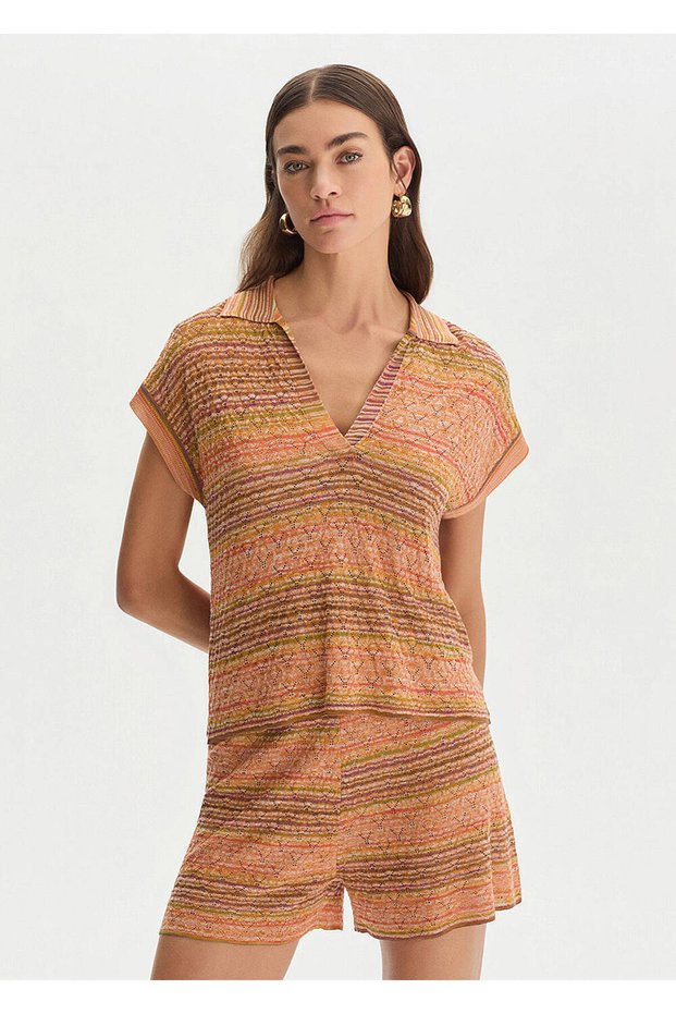 Color-Shift Polo Collar Mustard Knitwear Top
