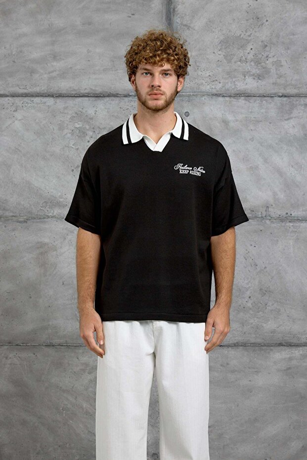 Men's T-Shirt Dp Rising Print Tricot Black Oversize Printed Polo Collar Knitwear