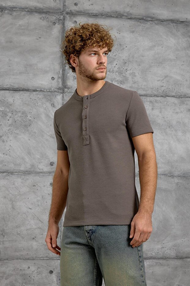 Men's T-Shirt Waffle Fabric Mink Regular Fit Crew Neck Cotton