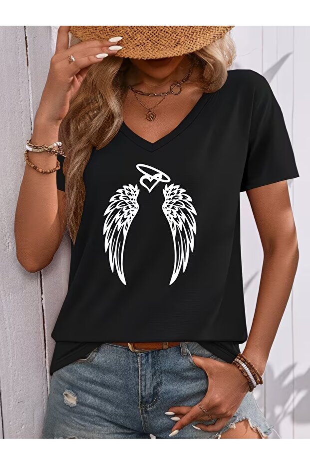 Women's V-Neck Angel Wing Printed T-Shirt Oversize Loose Fit