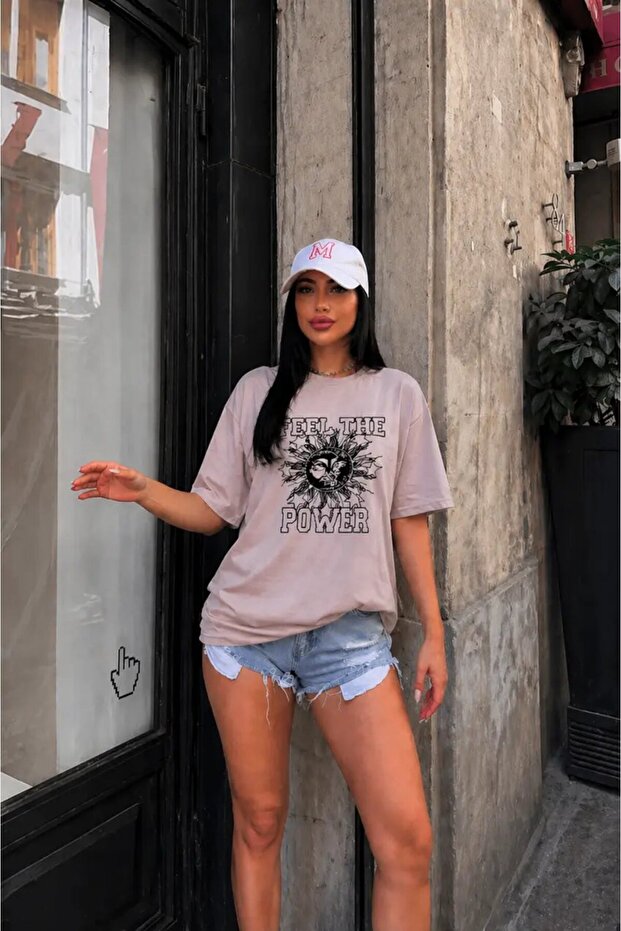 Powder Sun Printed Oversize Combed Cotton T-Shirt – Trendy Design with the Text “The Power”