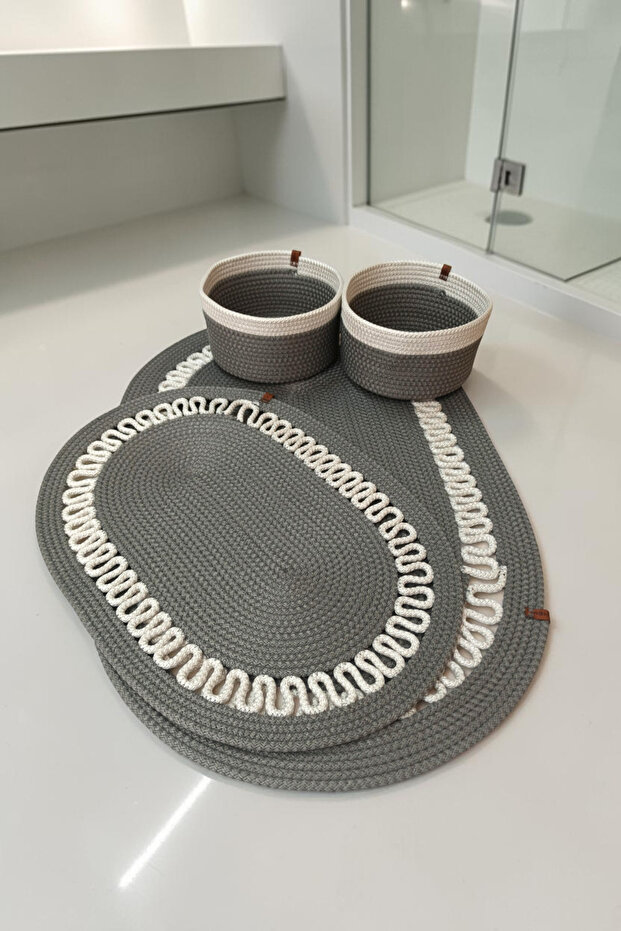 Handmade Decorative Braided Model Bathroom Set 2-Piece Mat 50X80 and 40X60 + 2 Organizer Baskets 18X18 cm
