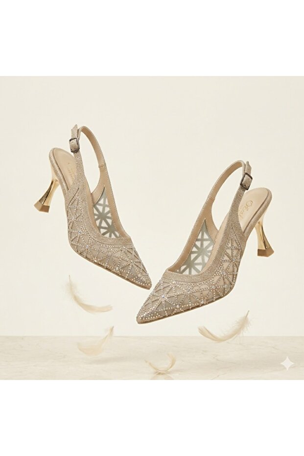 (Öz Maçan) Women's Closed-Toe Heeled Shoes with Drop Stone Detail Gold