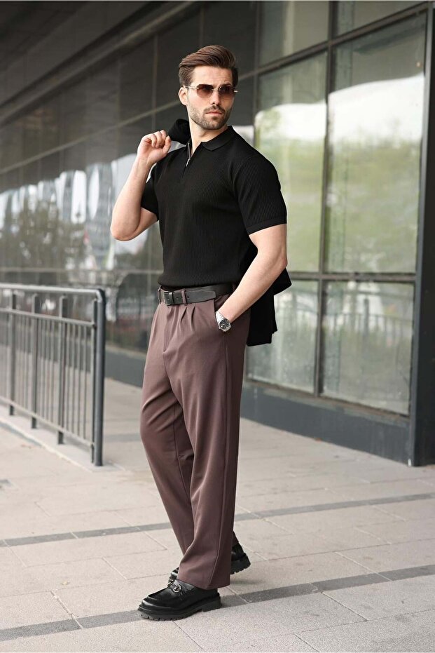 Black Half Zipper Detailed Polo Collar Knitwear Men's T-Shirt E7492