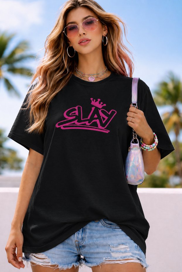 Slay Text Printed Unisex Oversize T-Shirt – Cotton Crew Neck Casual T-Shirt
