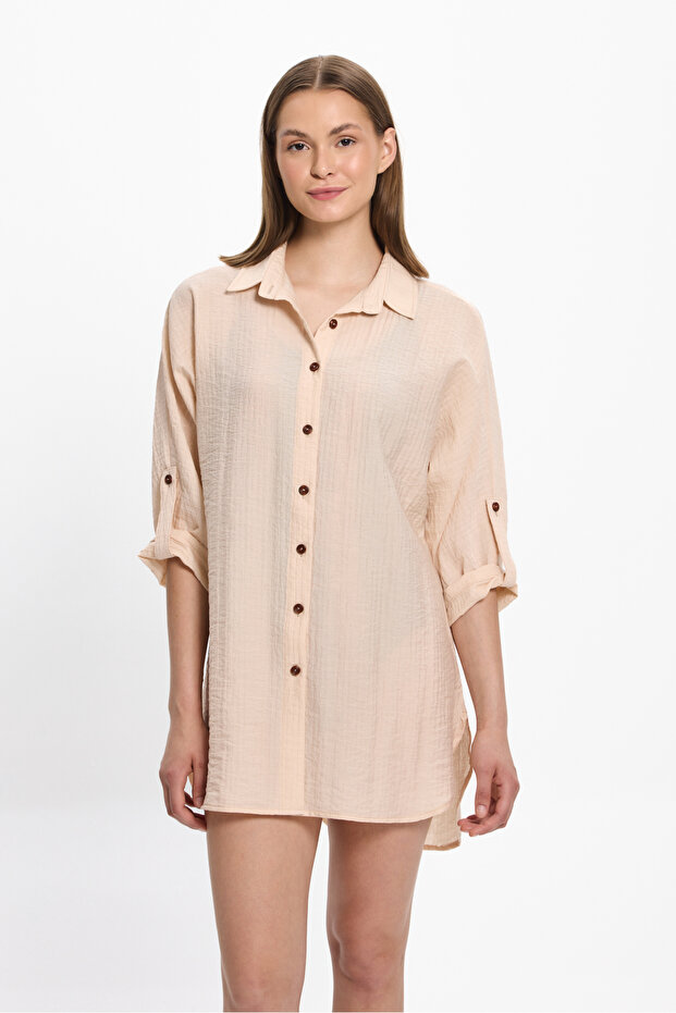 Women's Beige Long Sleeve Beach Shirt 25Pl01St