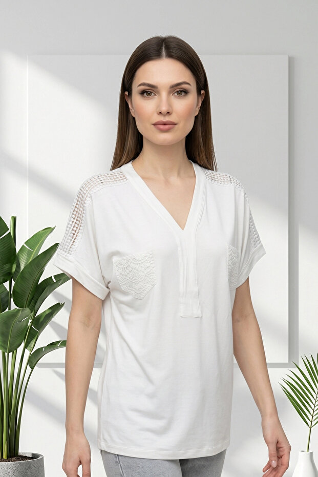 Women's Plus Size Cream V-Neck Blouse with Ruched Shoulders and Pockets, Cotton Viscose Fabric.