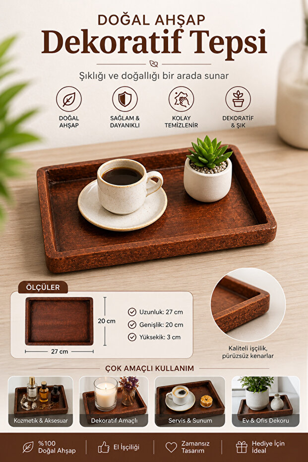 Natural Wooden Decorative Presentation Tray 27X20 cm – Handmade Stylish Serving & Organizing Tray